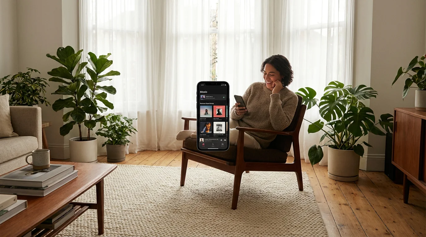 Person relaxing in sunny living room browsing music on smartphone.