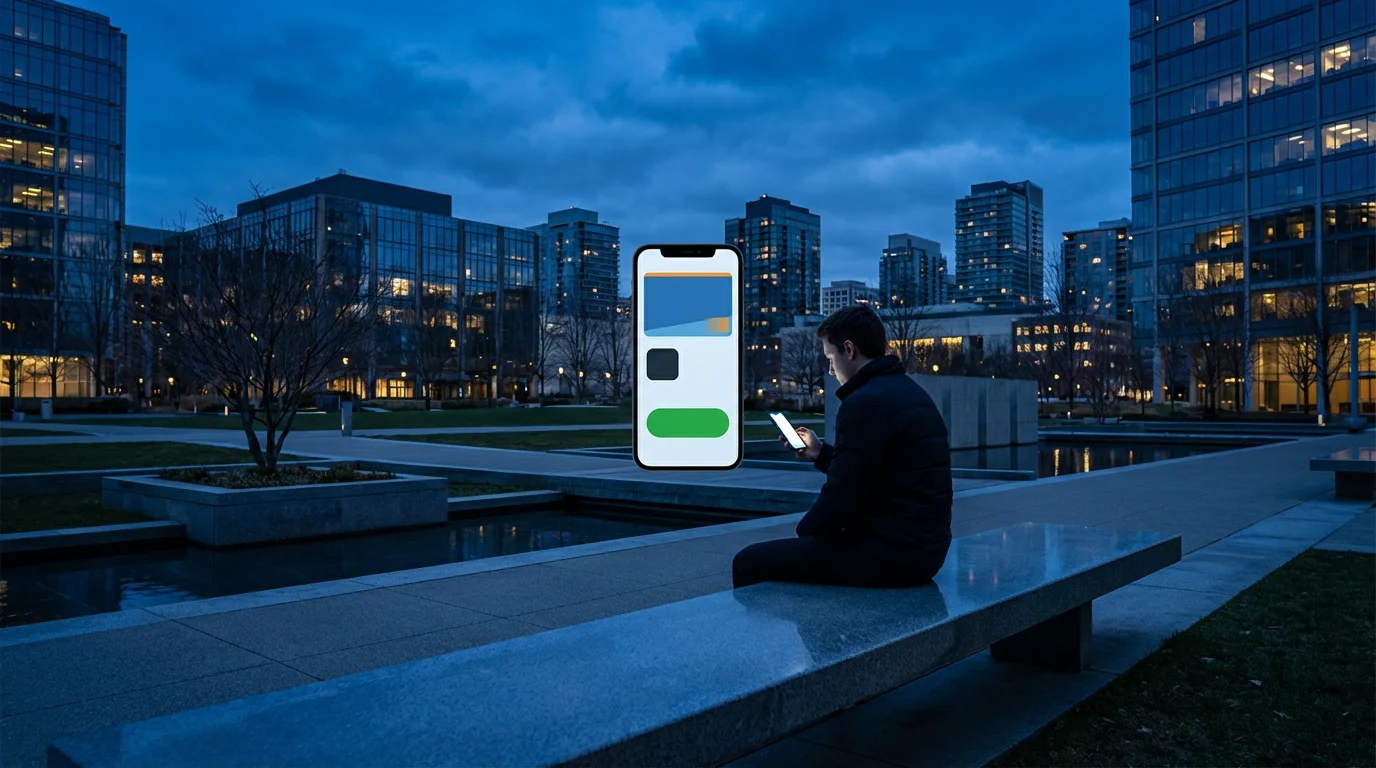 Person seated on bench at dusk viewing app store details on a smartphone screen.