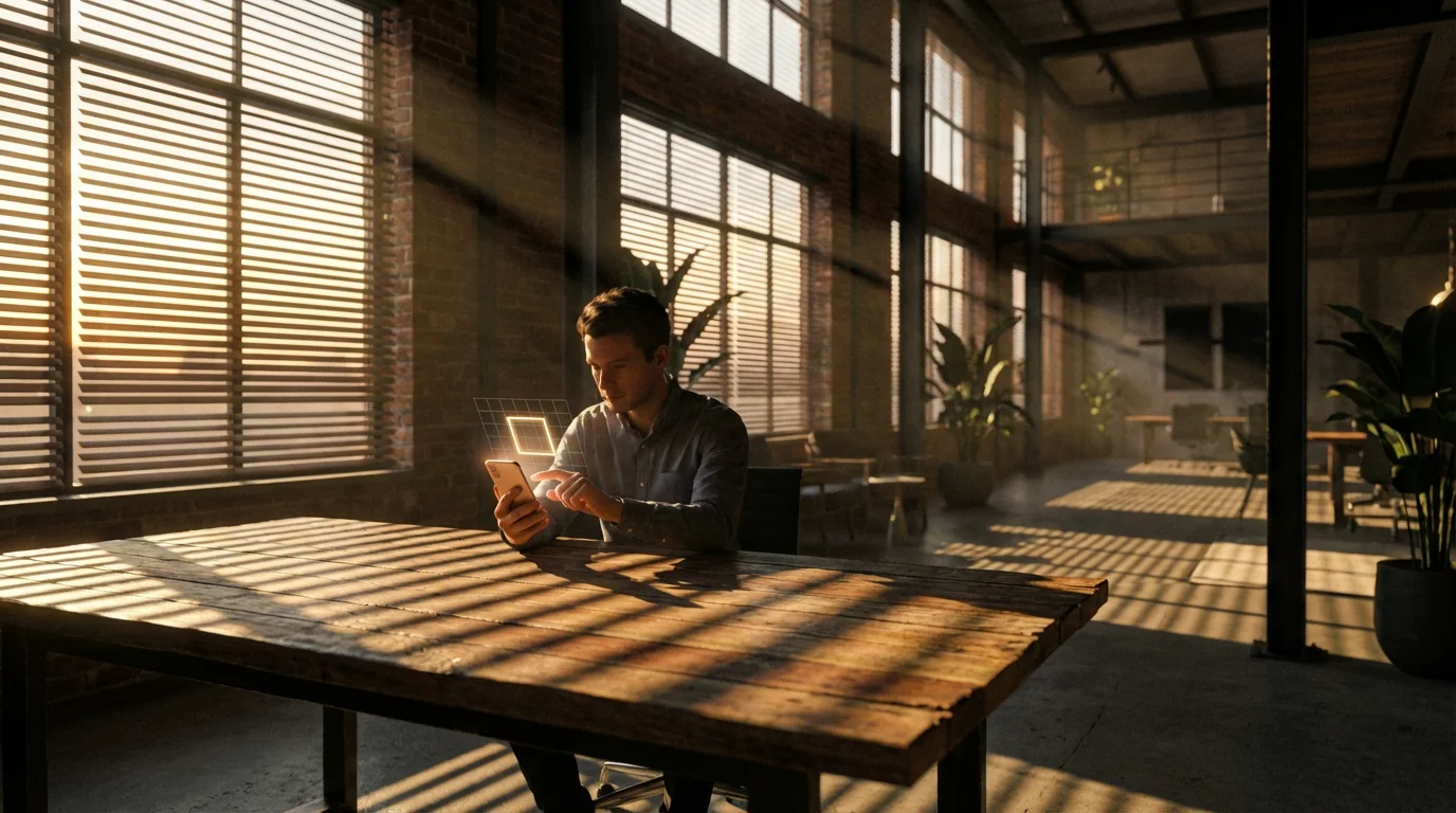 Person tapping smartphone screen in a moody, sunlit office environment.