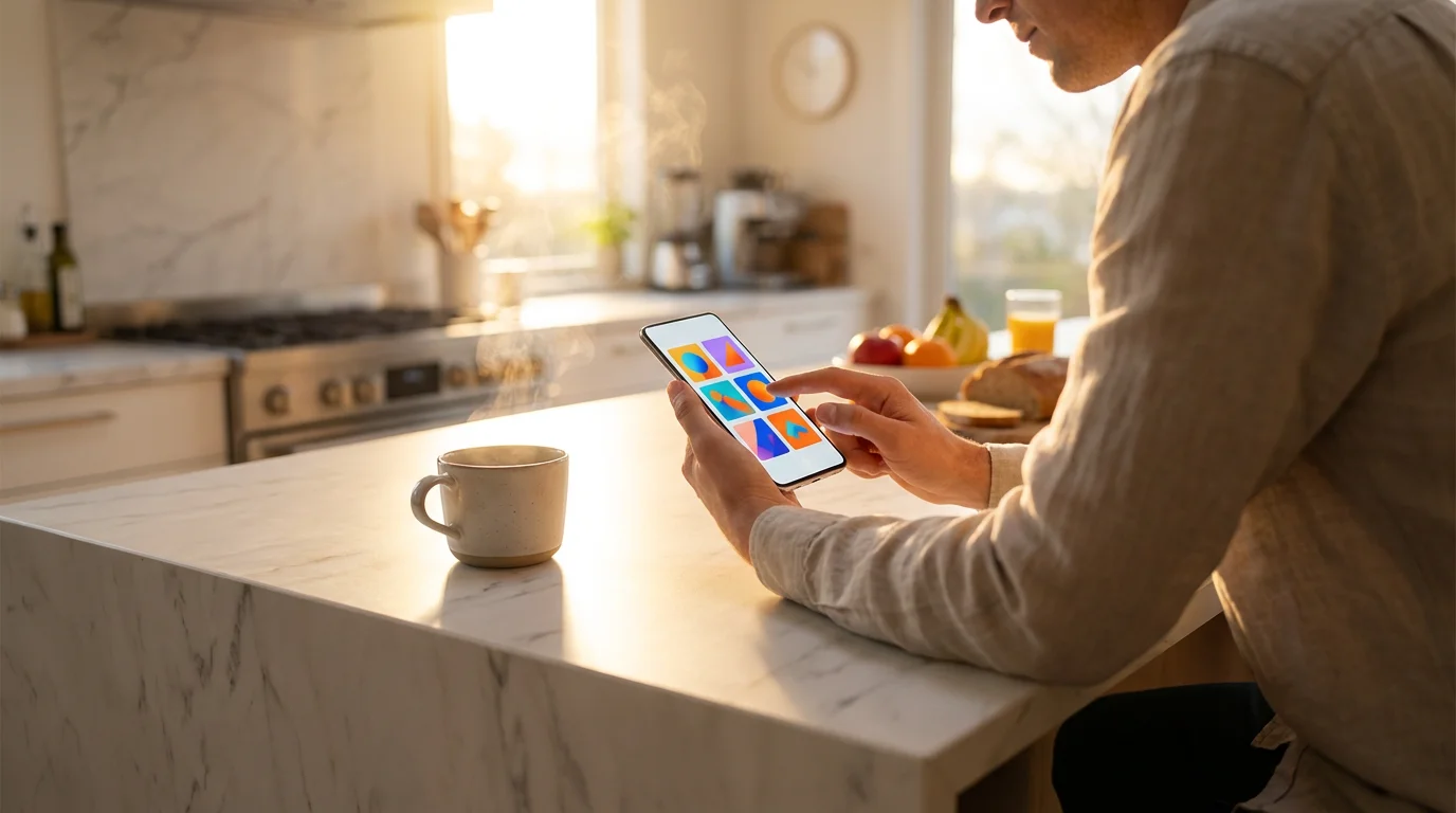 Person using smartphone in a sunny kitchen with abstract app icons on screen.