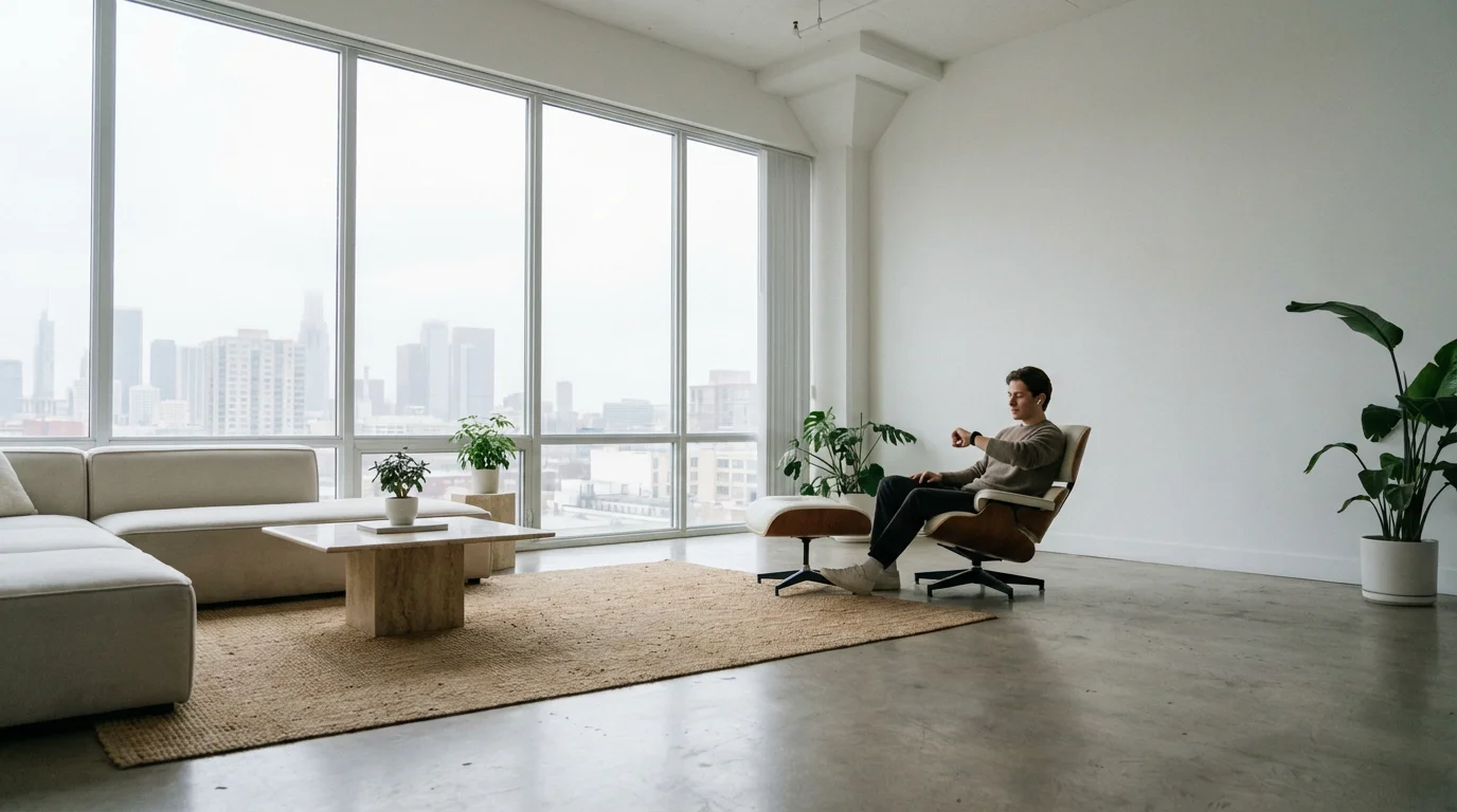Person using smartwatch and earbuds in a modern bright living room setting.