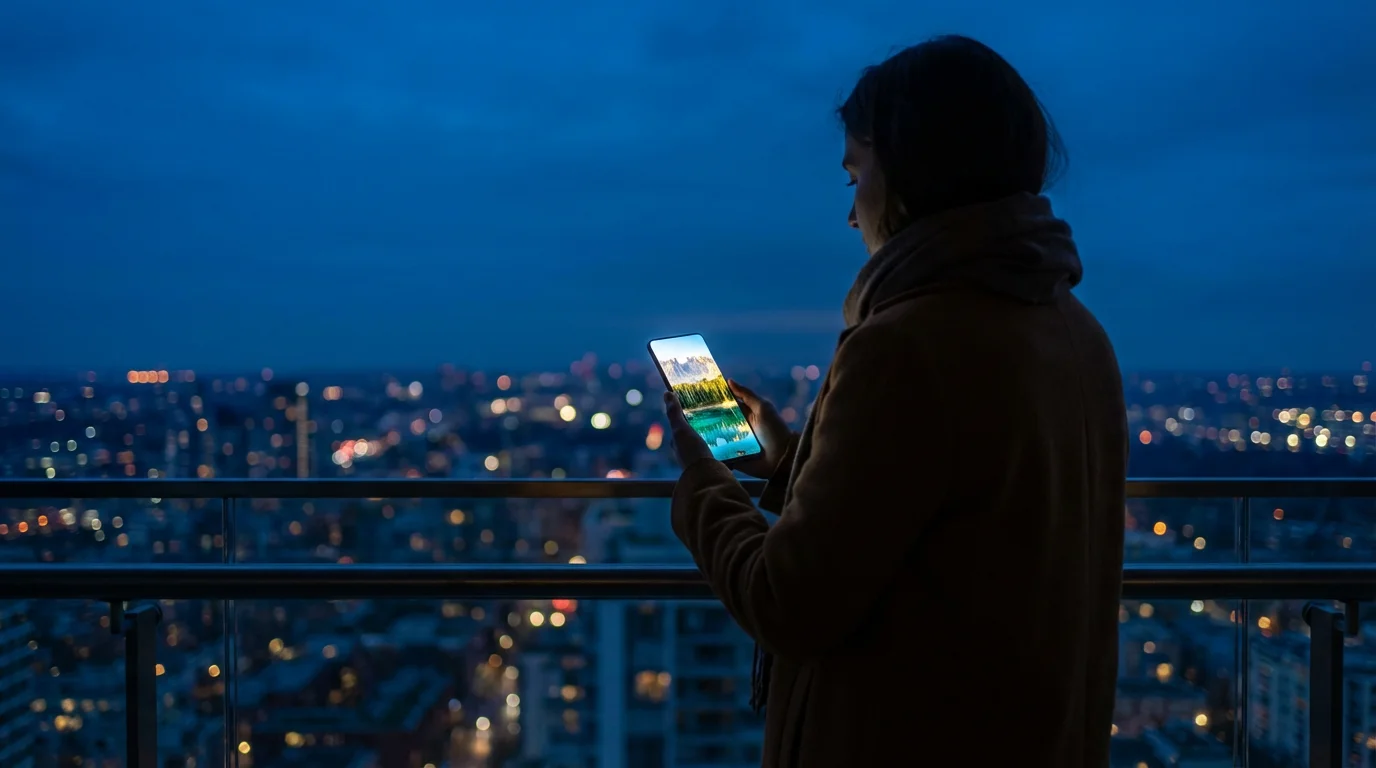 Person viewing photos on Android phone on a balcony at twilight.