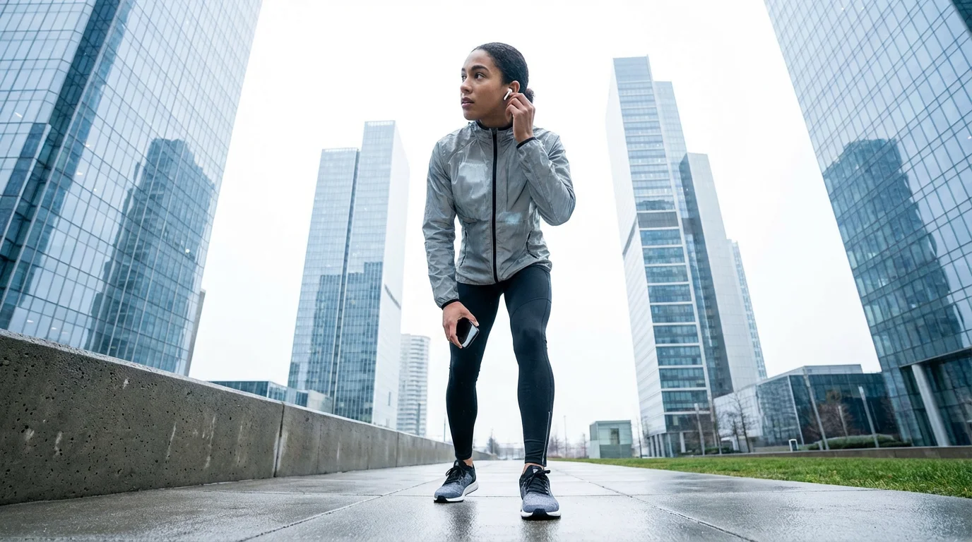 Runner adjusting wireless earbuds in a city park with skyscrapers in the background.