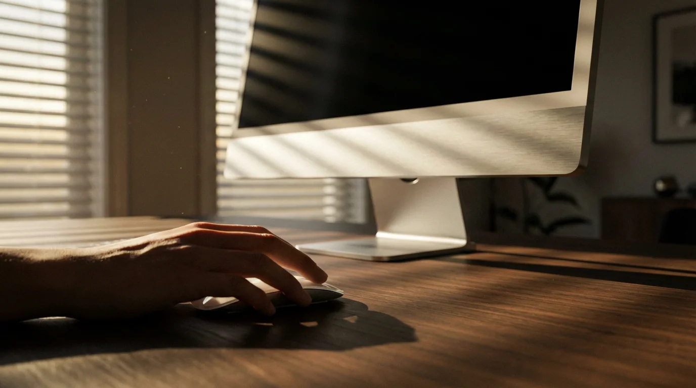 Sleek desktop computer workstation on a dark wood desk with dramatic afternoon lighting.