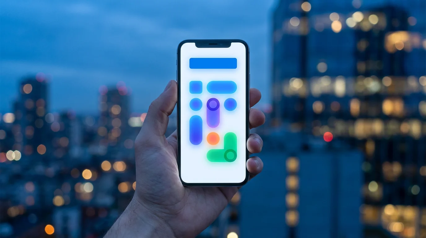 Smartphone displaying abstract search interface held against a blue hour city background