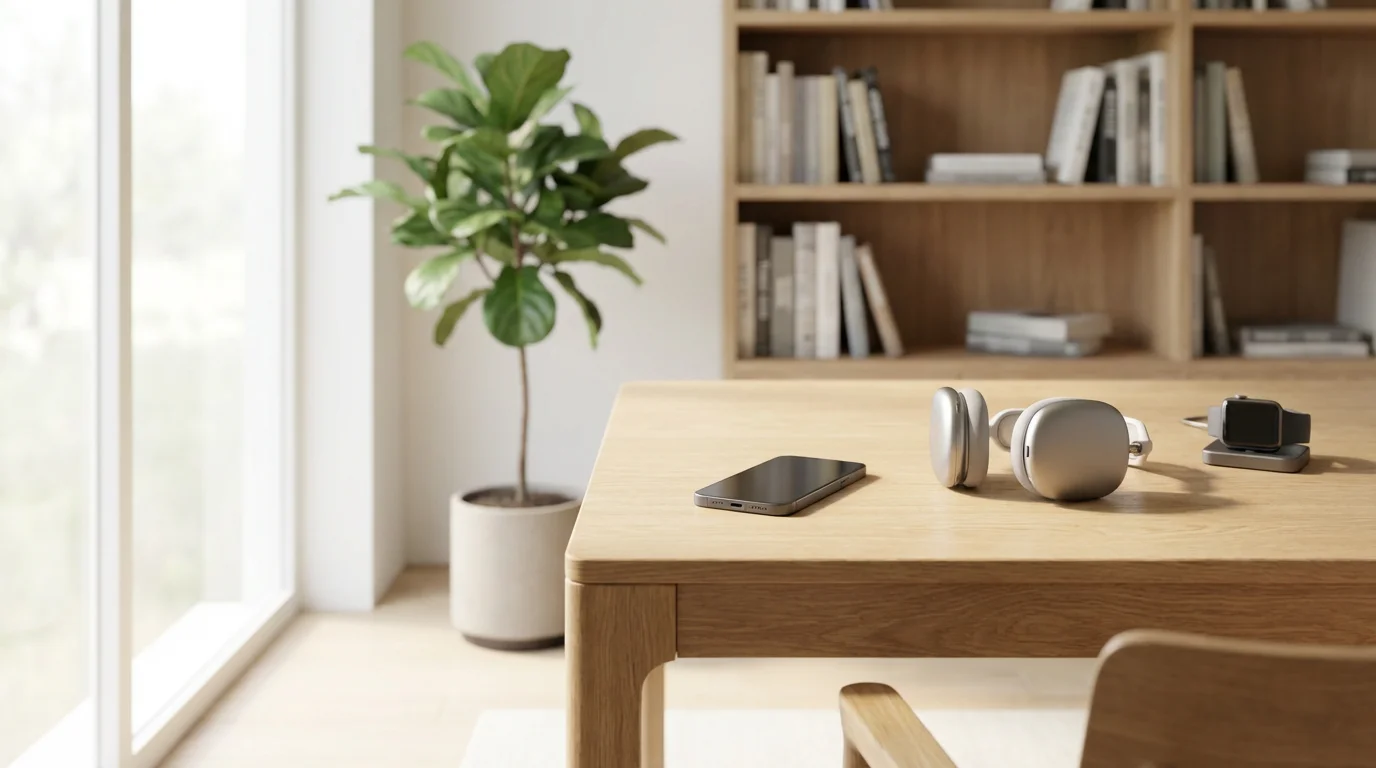 Smartphone, headphones, and smartwatch arranged on a sunny home office desk.