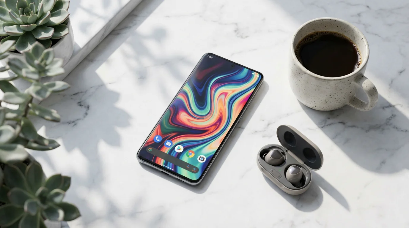 Smartphone on marble table with coffee and earbuds in morning light