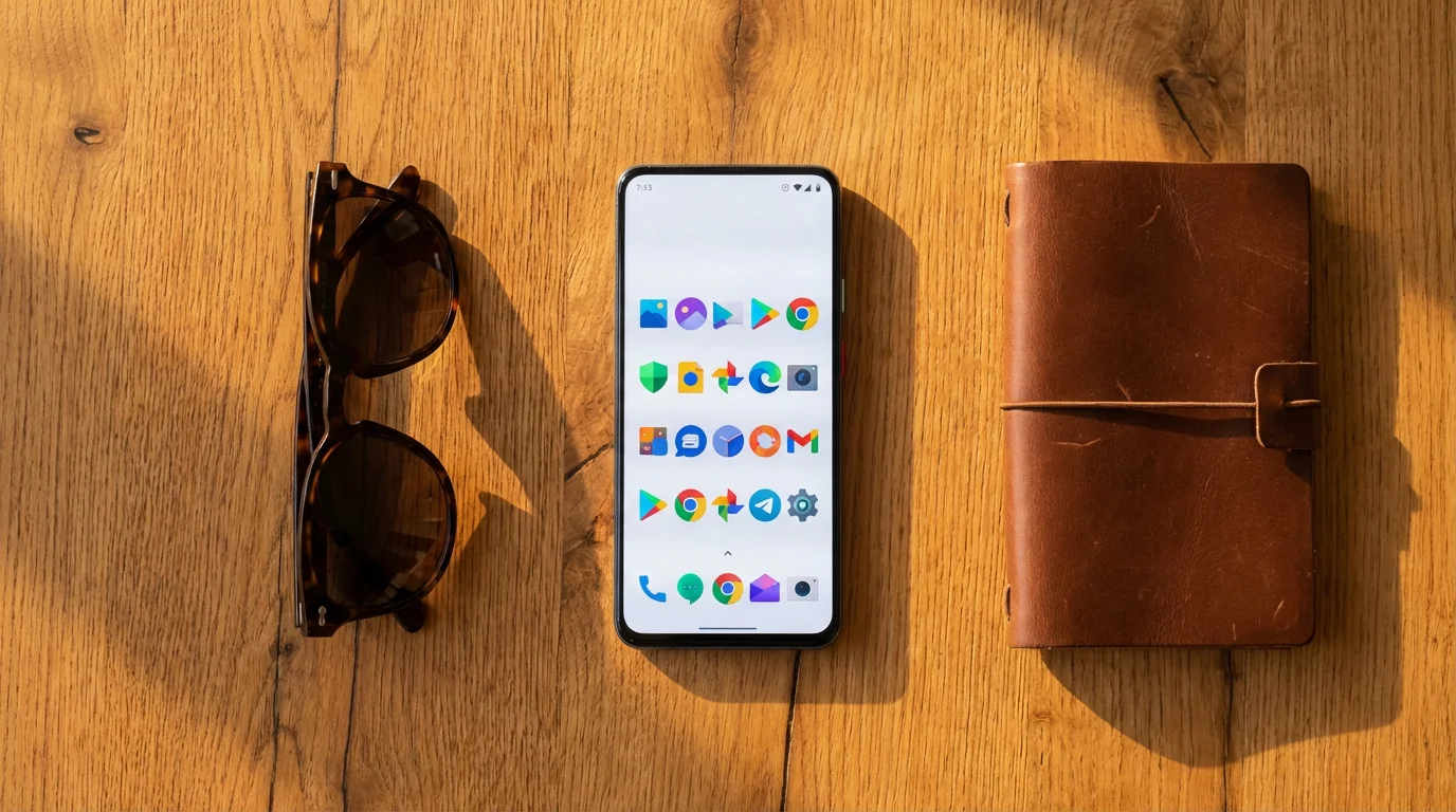 Smartphone on wooden table showing abstract app grid under warm sunset lighting.