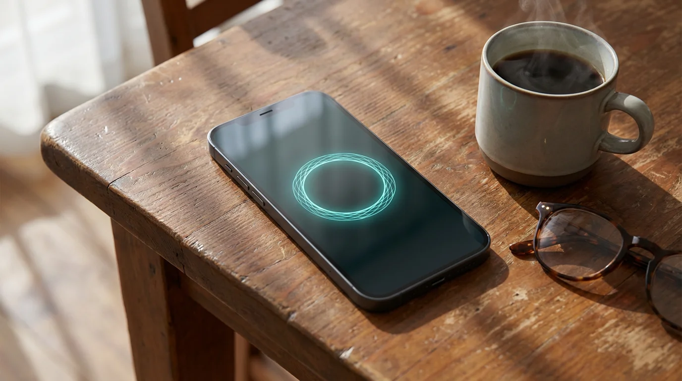Smartphone on wooden table with frozen loading icon next to coffee cup in morning light
