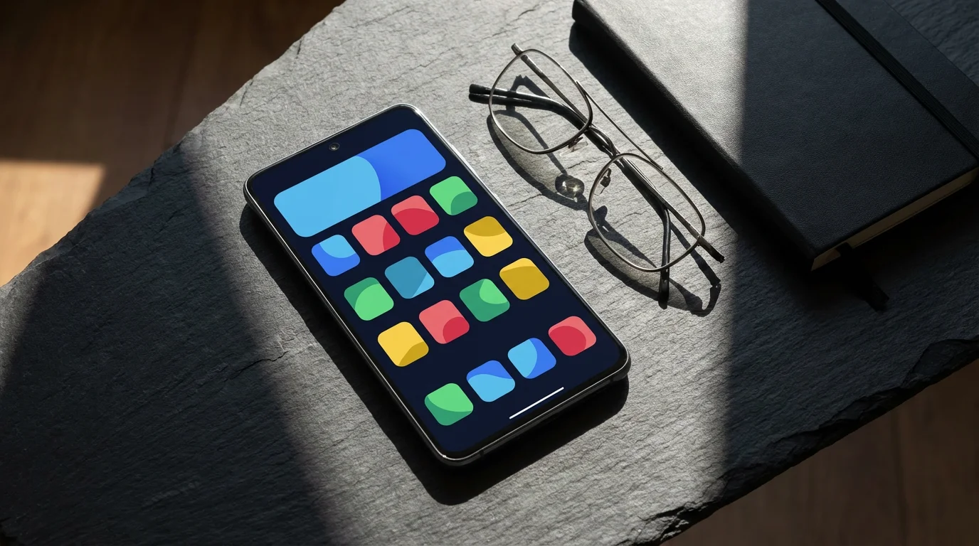 Top-down view of Android phone on dark slate desk showing abstract app icons.