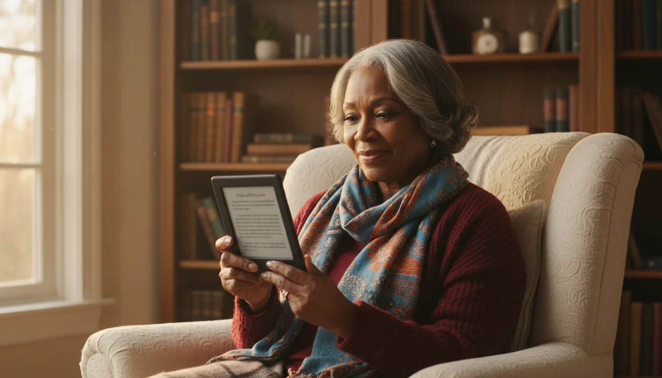 A Black senior woman happily reading a classic book on an e-reader in a sunlit living room with golden hour light.