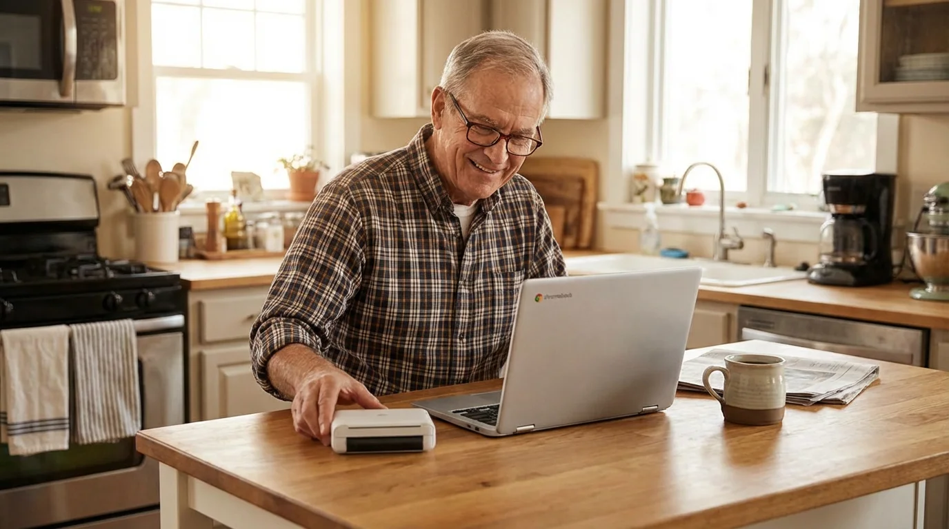 A Chromebook on a kitchen counter being used to set up a wireless printer.