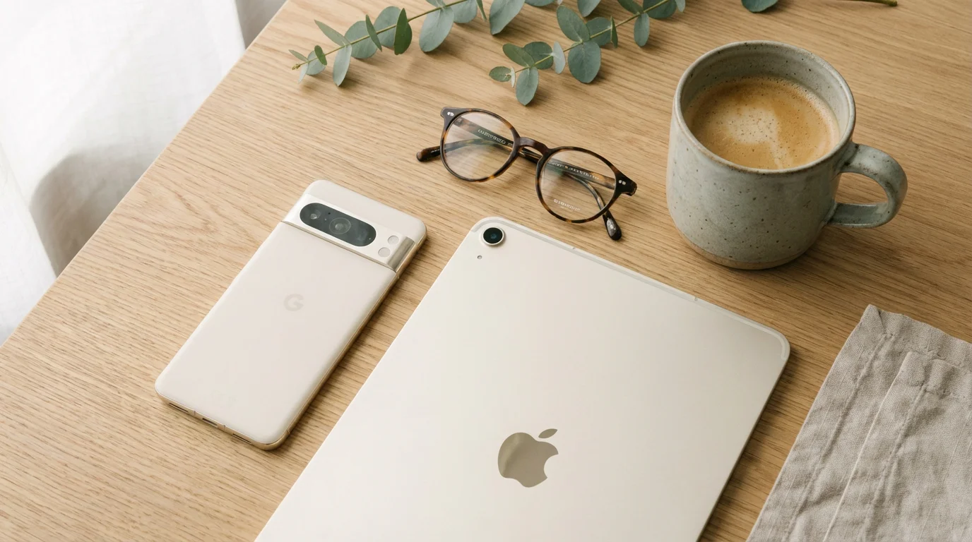 A clean flat lay of a smartphone, tablet, and reading glasses on a wooden table.