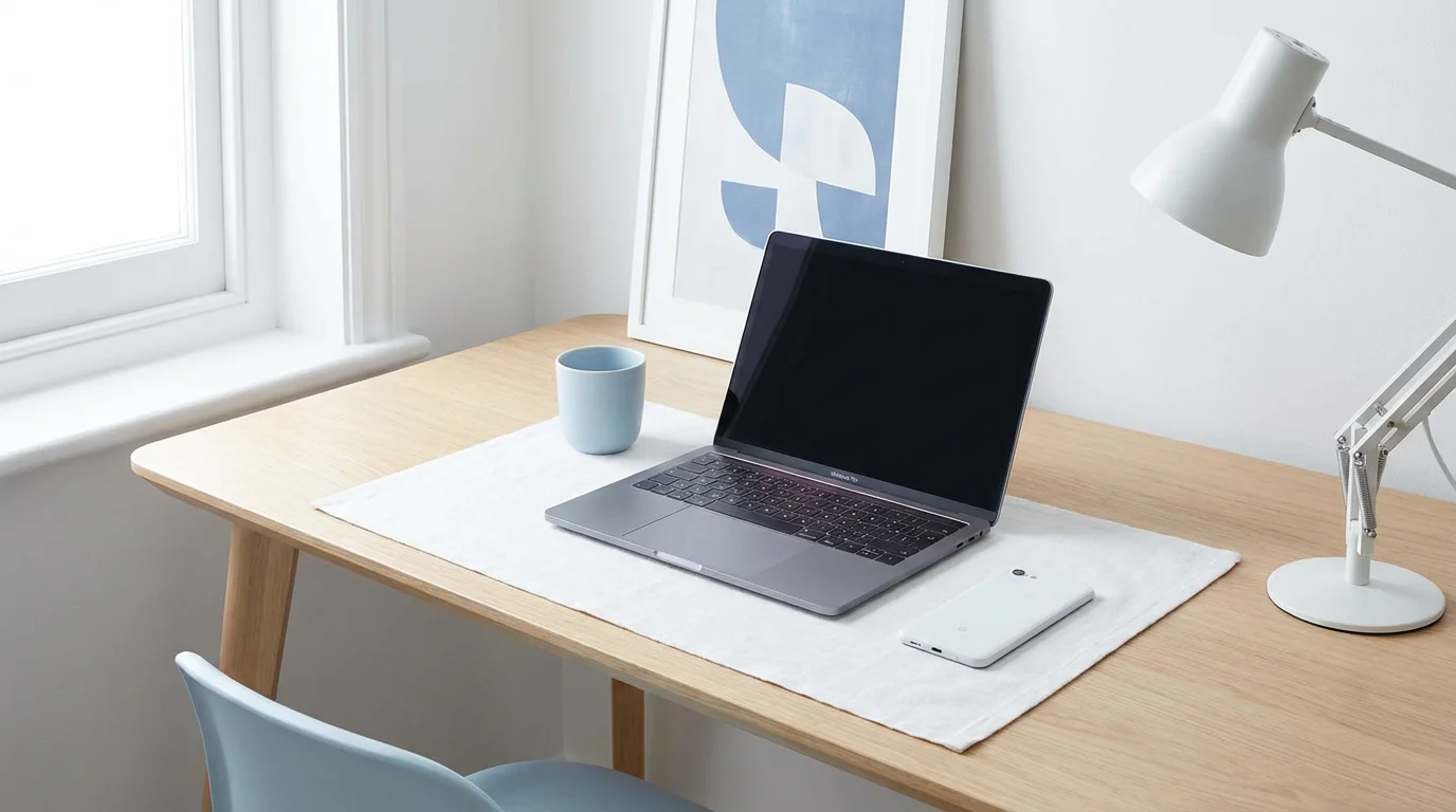 A clean, modern desk with a laptop and phone in bright light.