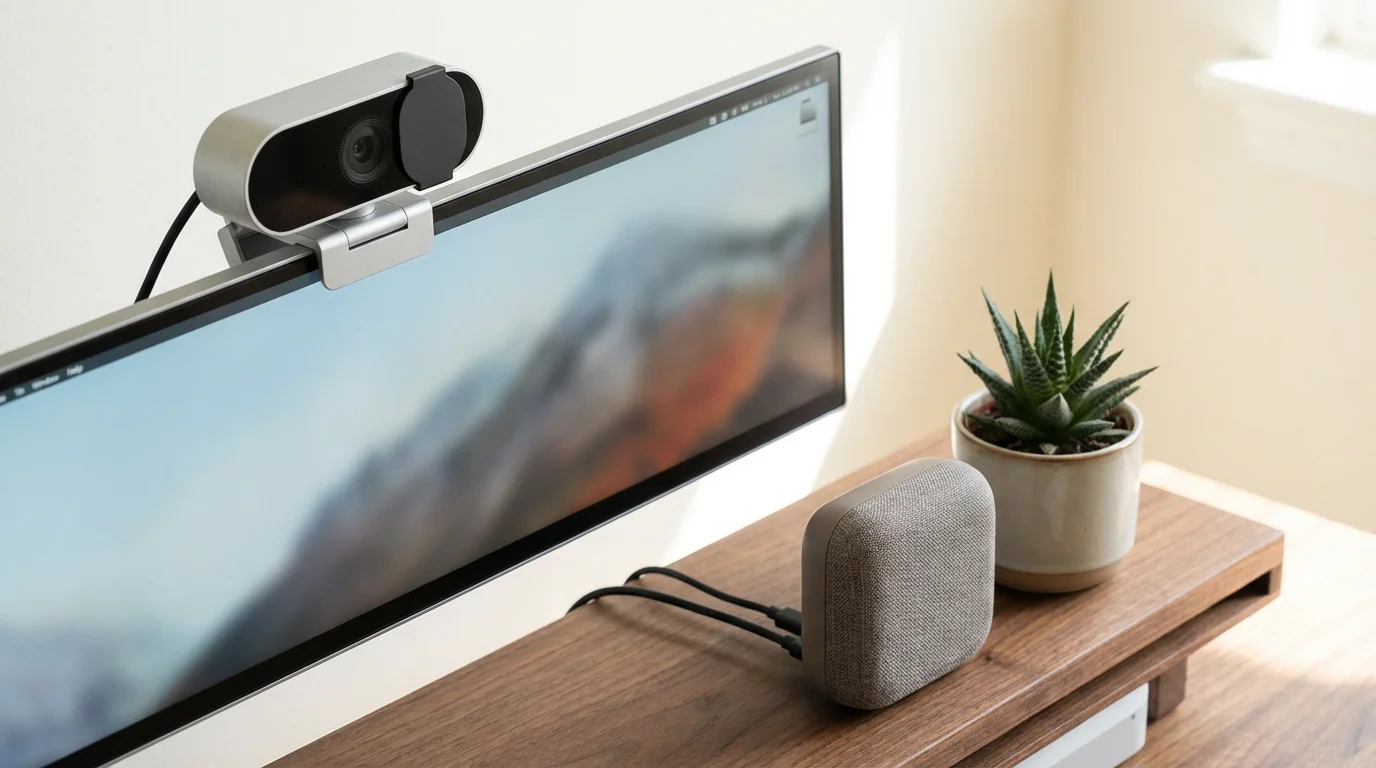 A clean tech setup with a webcam and speaker on a wooden desk.