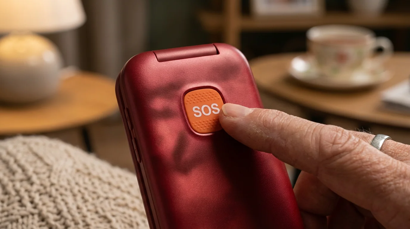 A close-up of a finger pressing a dedicated orange emergency button on a phone.
