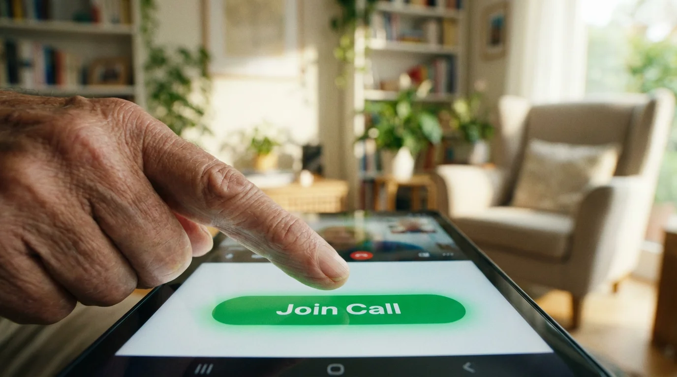 A close-up of a finger tapping a green Join Call button on a tablet screen.