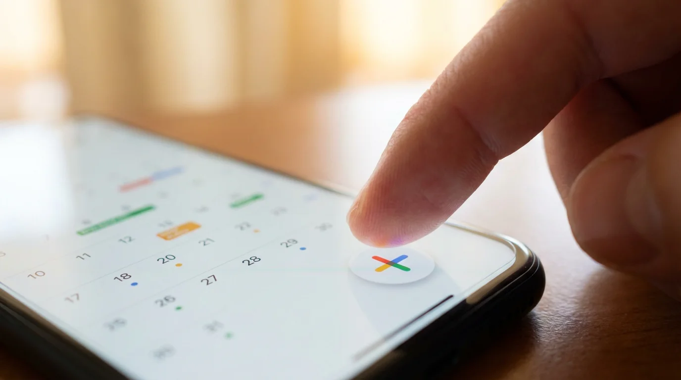 A close-up of a finger tapping the add button on a smartphone calendar app.