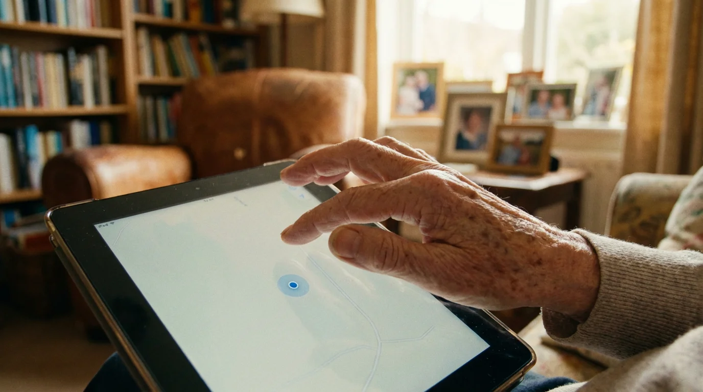 A close-up of a hand pointing to a blue location dot on a digital map on a tablet.