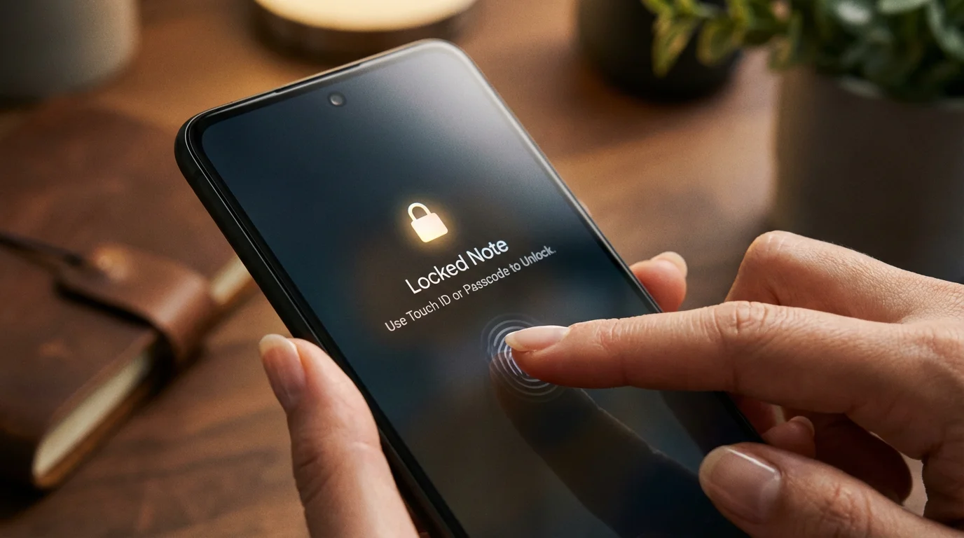 A close-up of a locked note on a smartphone screen with a padlock icon.