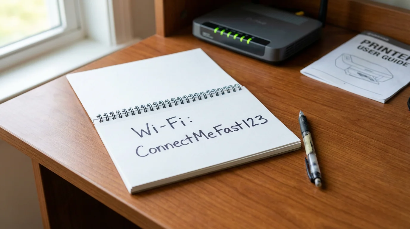A close-up of a notepad with a Wi-Fi password written clearly, next to a router.