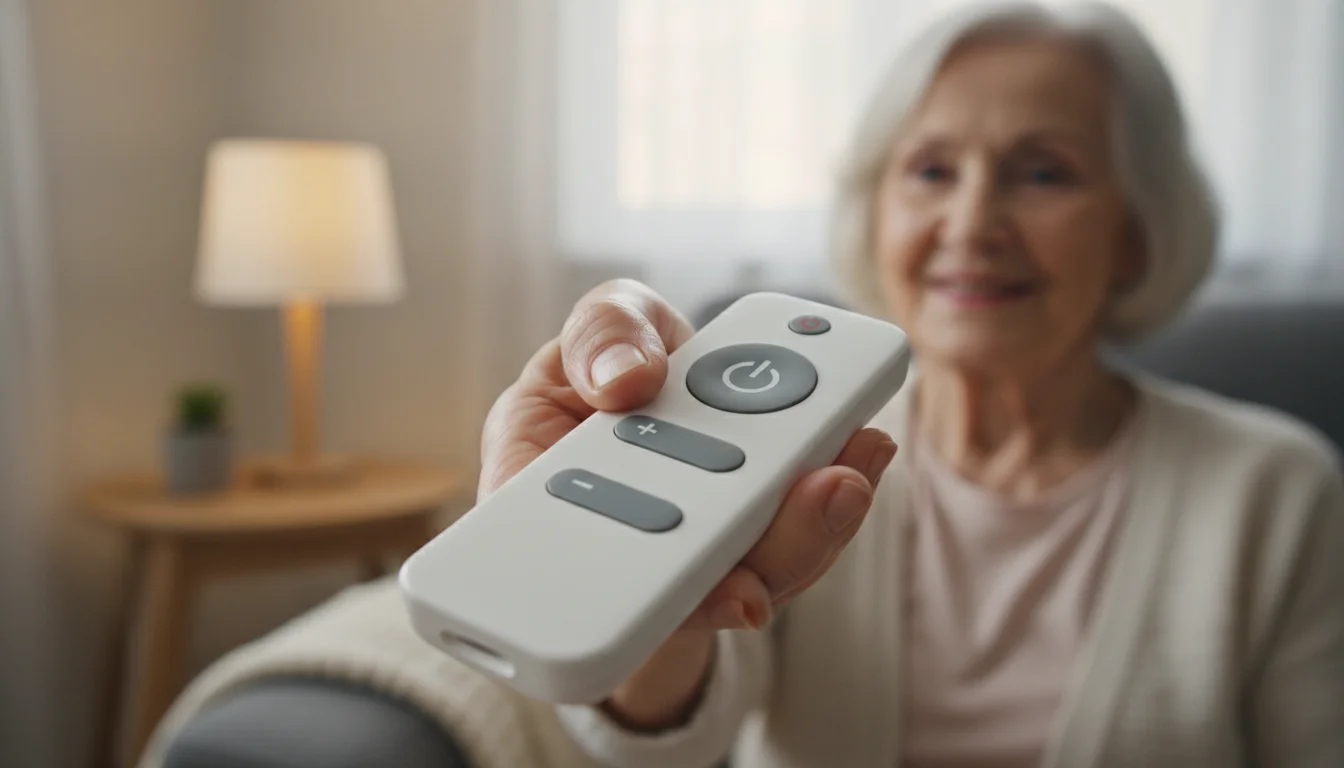 A close-up of a person's hand holding a modern, simple TV remote in a warm, cozy home environment.