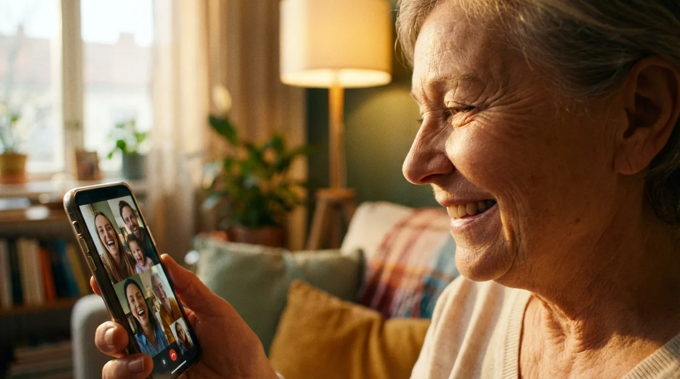 A close-up of a senior woman smiling during a video call on her phone.