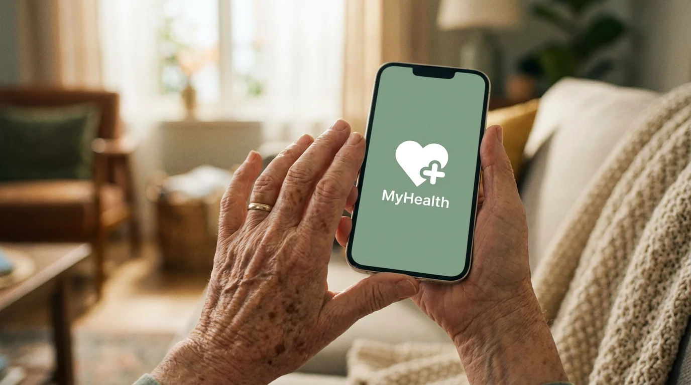 A close-up of a senior's hand holding a smartphone displaying a medical app icon.