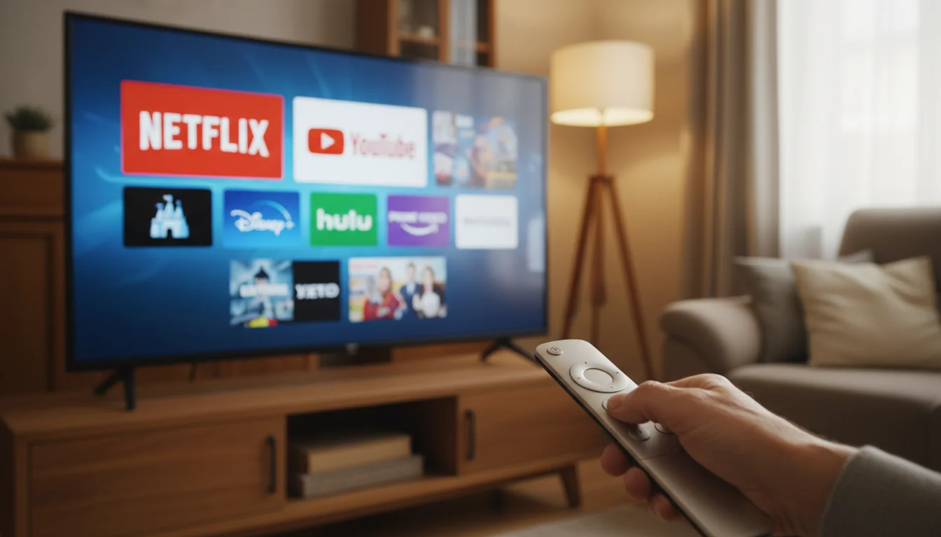 A close-up of a Smart TV screen showing simple app icons in a warm home setting.