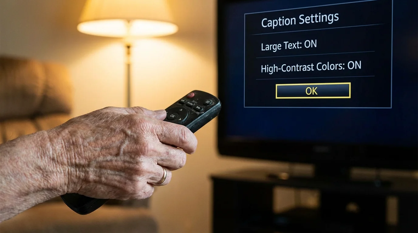 A close-up of a TV remote being used to adjust caption size and color settings.