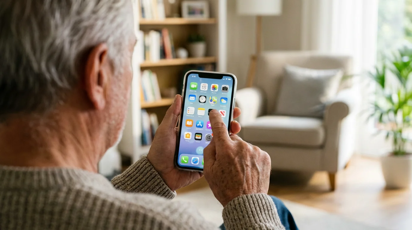 A close-up over-the-shoulder shot of a senior's hand pointing to the Notes app icon on a smartphone screen.