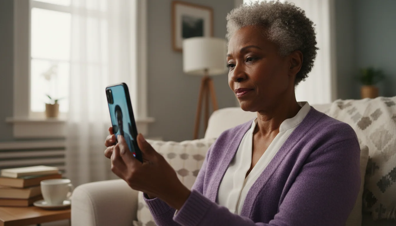 A confident African American senior woman in her 70s holds a smartphone, looking at its softly glowing screen as an incoming video call appears.