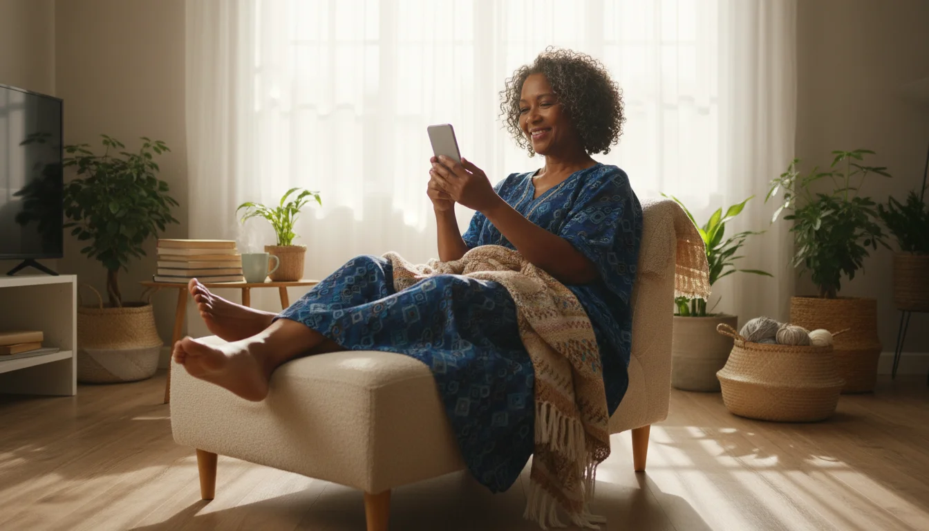 A confident African American senior woman looks at her smartphone in a brightly lit living room, embodying independent connectivity.