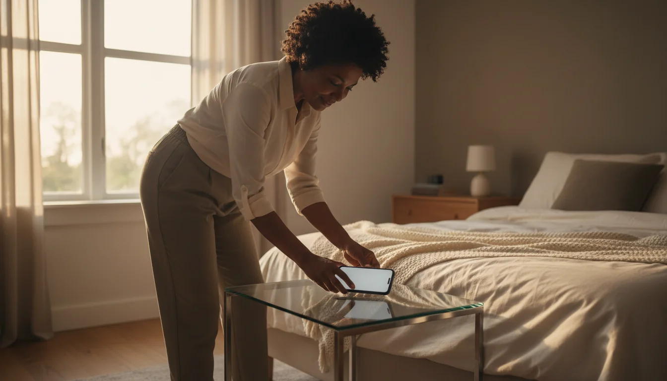 A confident Black woman, 60s, places a smartphone on an open bedside table, bathed in warm, soft light. No brands or readable text.