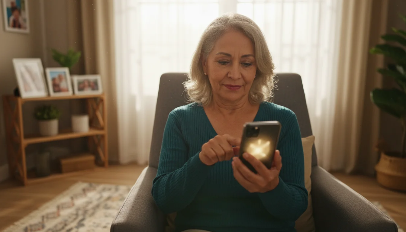 A confident senior Latina woman, 60s, uses a generic smartphone in a sunlit living room, looking at the screen with an empowered expression.