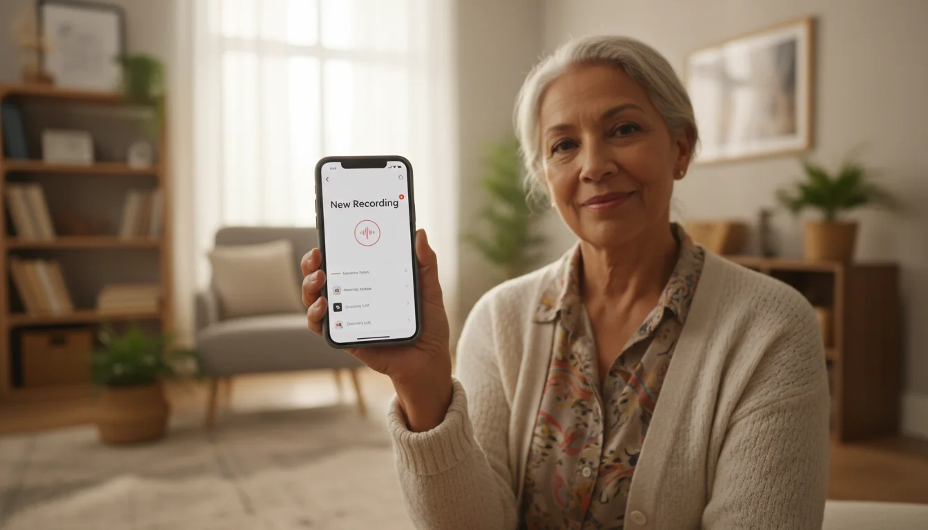A confident senior woman holds a generic smartphone, displaying a voice memo app screen with a new recording listed at the top.