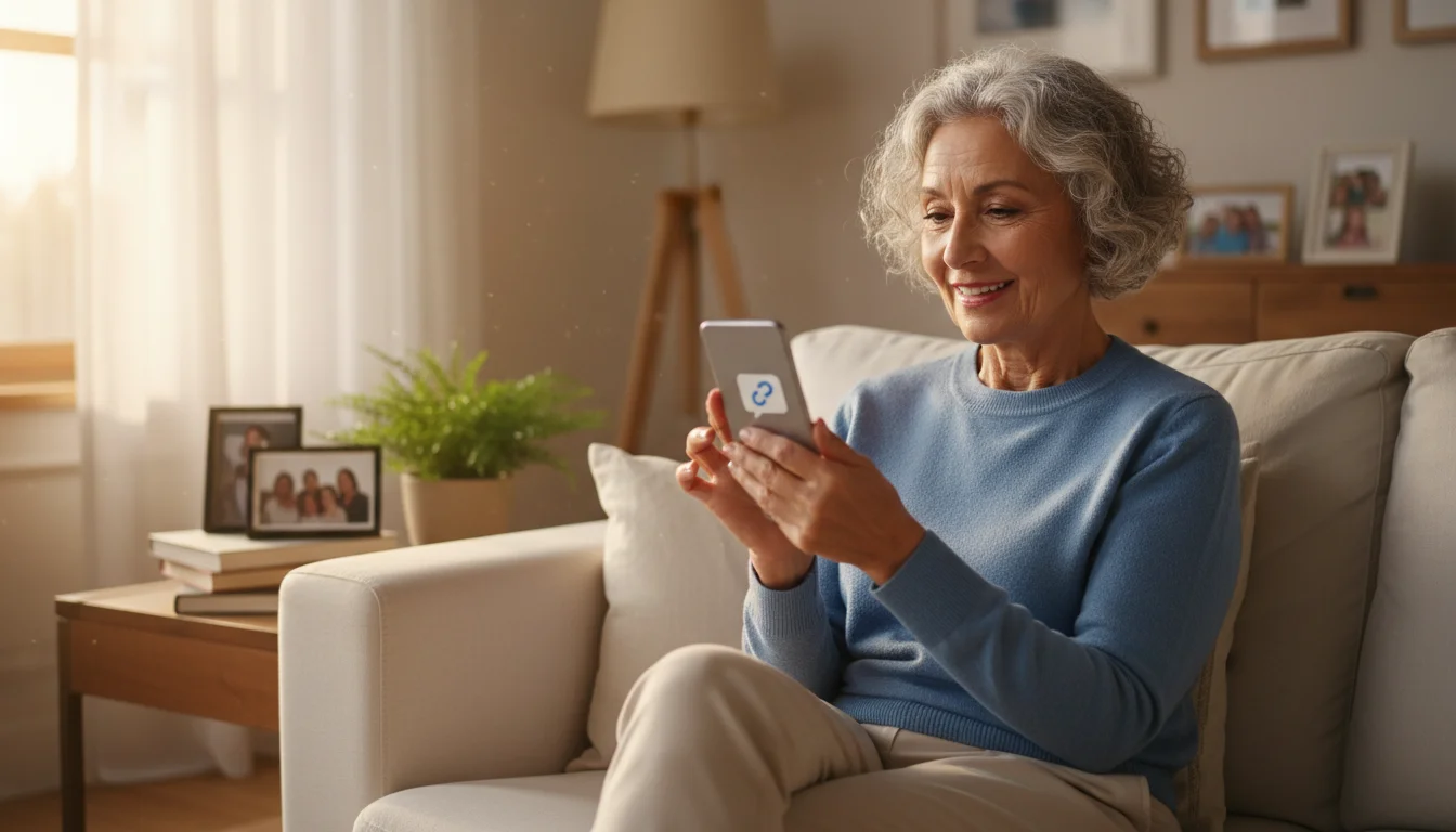 A confident senior woman in a sunlit living room holds a smartphone, looking at its blurred screen as if receiving a new message.