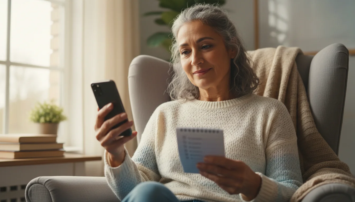 A confident senior woman reviewing a checklist while holding a smartphone in a warmly lit living room, demonstrating ease with technology.