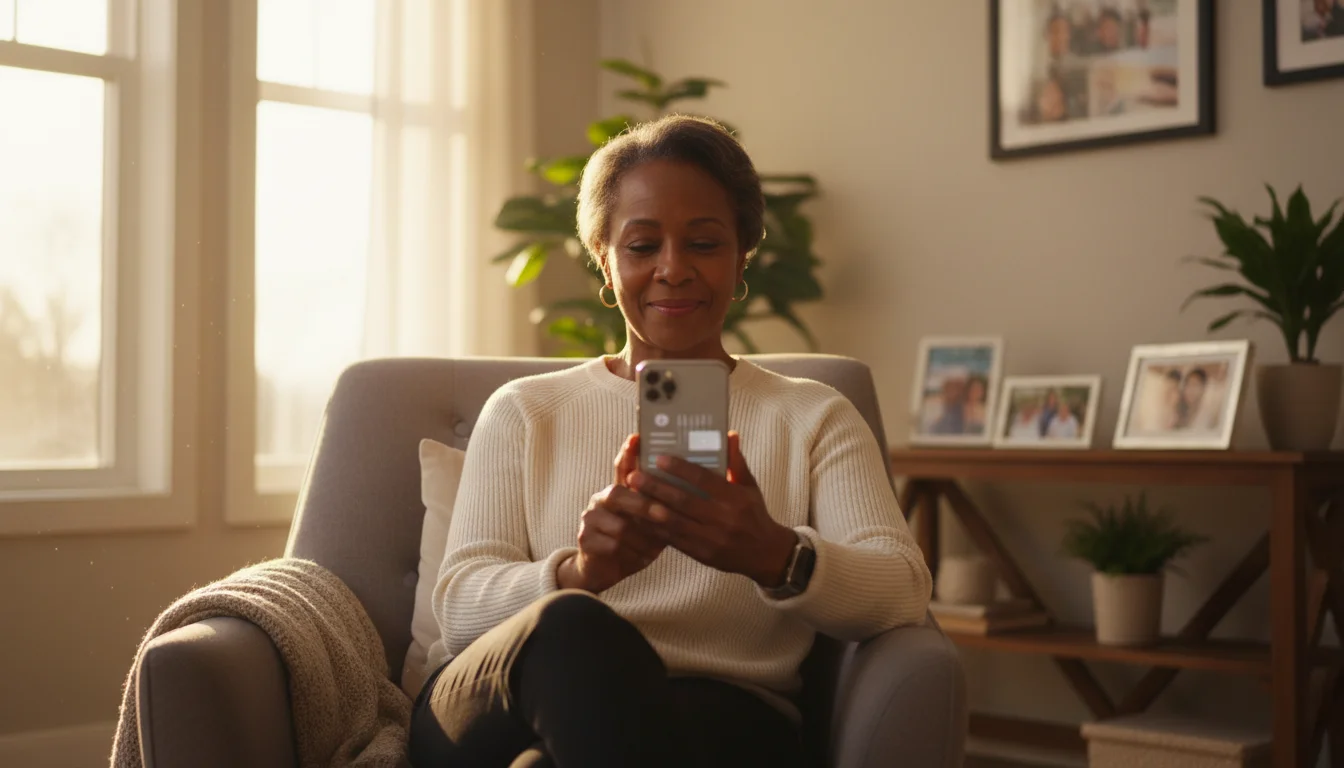 A confident senior woman reviews a banking app on her smartphone in a warm, sunlit living room.