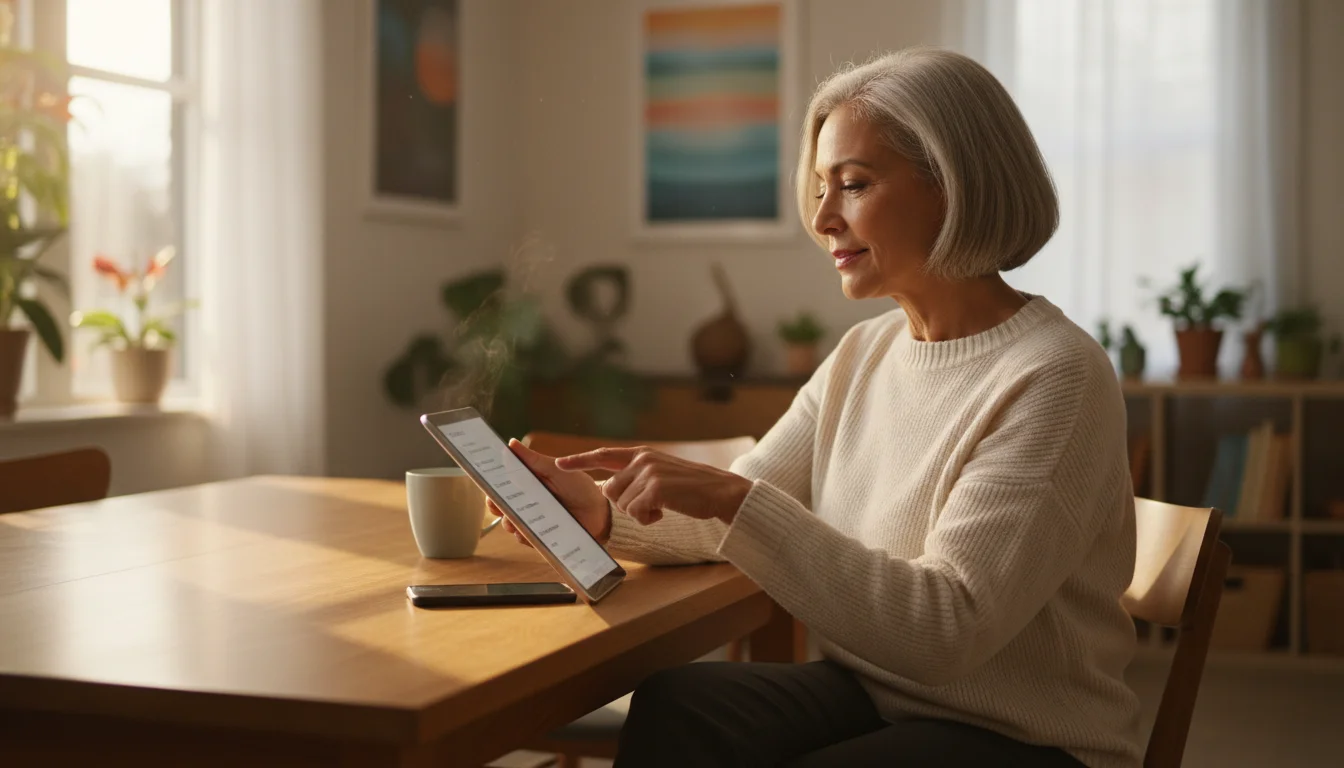 A confident senior woman views a tablet screen showing blurred Wi-Fi networks, with a smartphone nearby, in a warm, golden-hour setting at home.