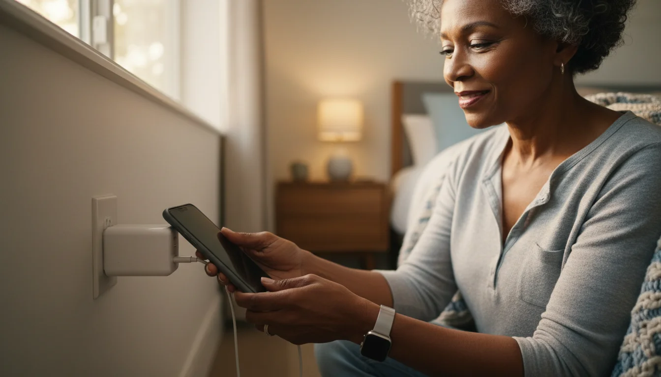 A confident senior woman's hands gently plugging a generic smartphone into a wall charger, bathed in warm natural morning light from a window.