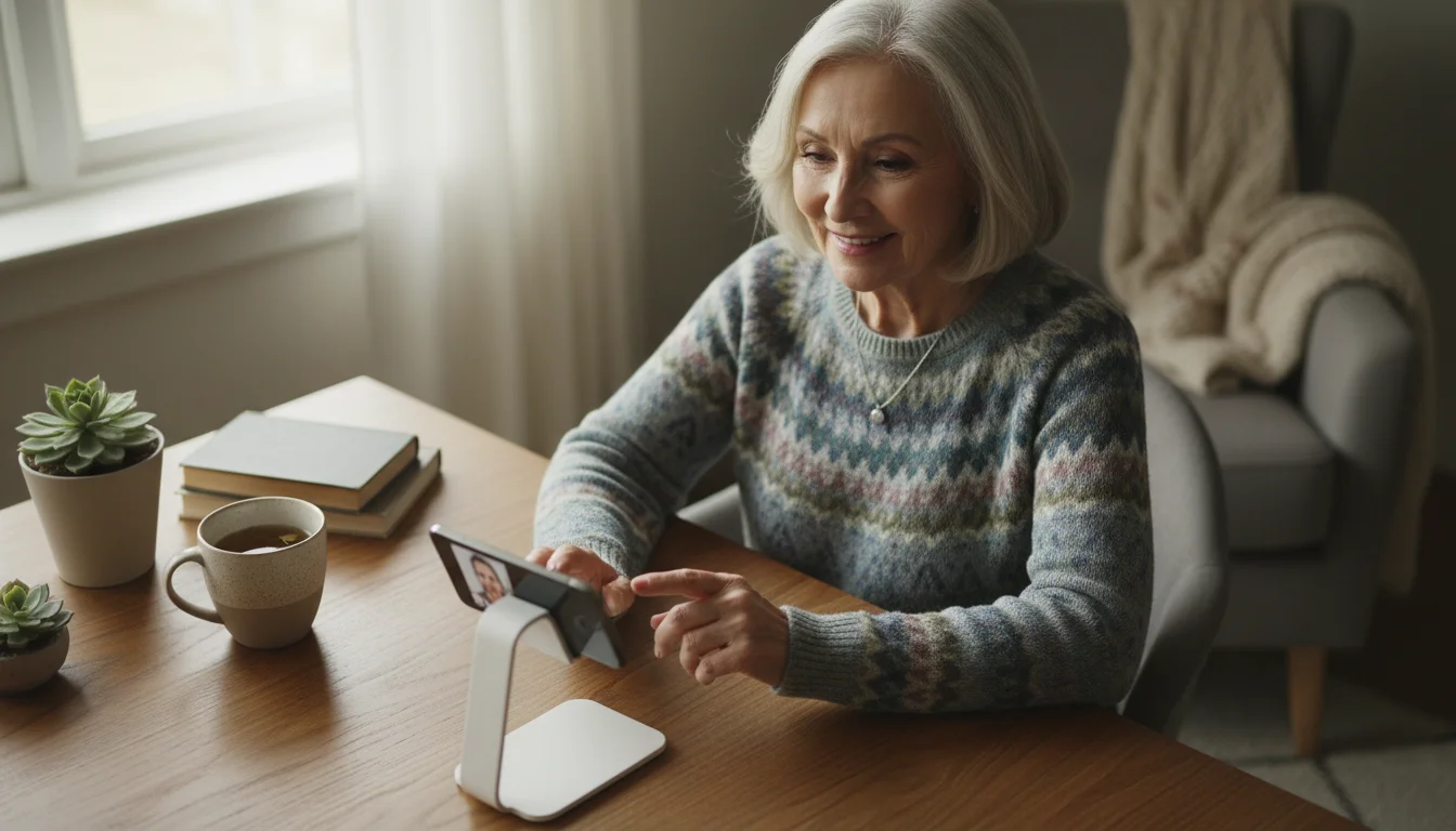 A confident senior woman's hands near a smartphone on a desk, illuminated by natural light from the side, in a high angle flat lay view.