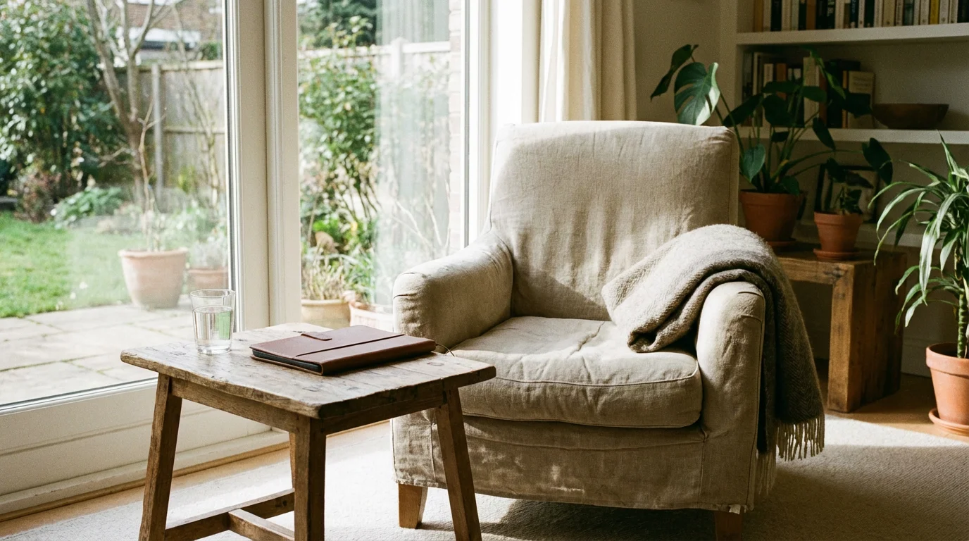 A cozy, well-lit seating area with a chair, window, and side table prepared for a meeting.