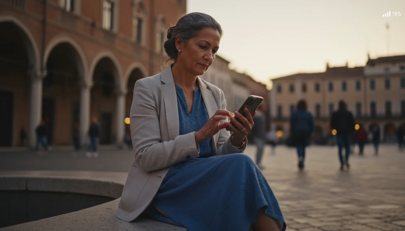 A diverse senior woman confidently looks at her smartphone outdoors, lit by warm natural light with subtle shadows. She is focused and appears secure.