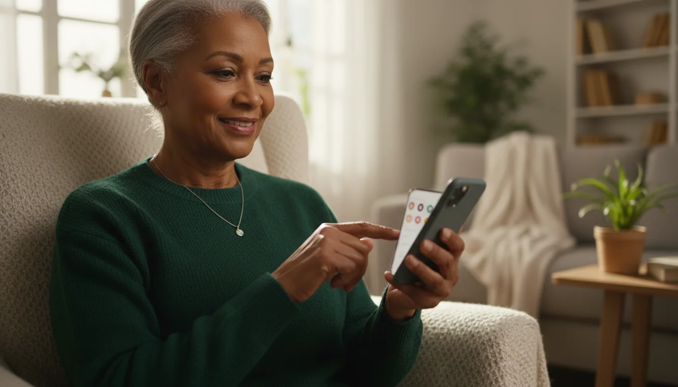 A diverse senior woman confidently uses a generic Android smartphone in soft morning light, tapping a screen with blurred icons and text in her home.