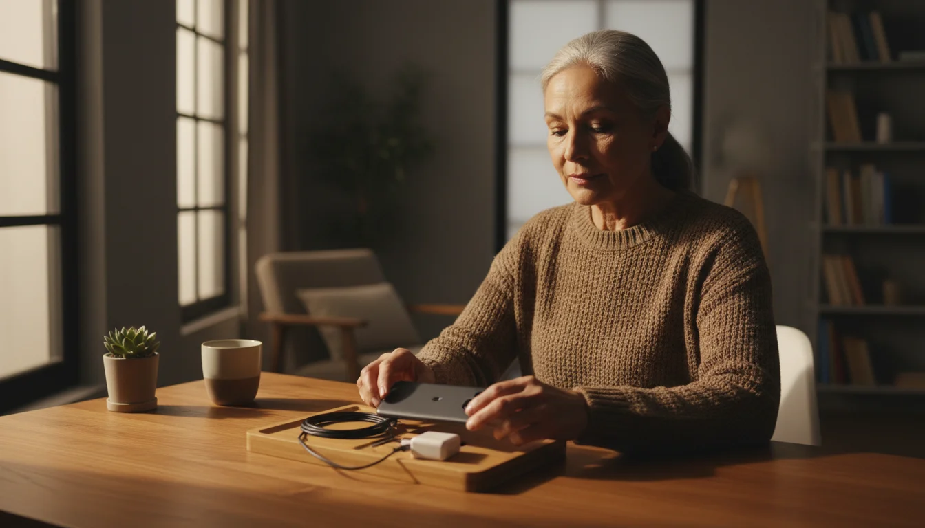 A diverse senior's hands gently place a generic smartphone, charging cable, and adapter on a wooden desk, ready for use or inspection.