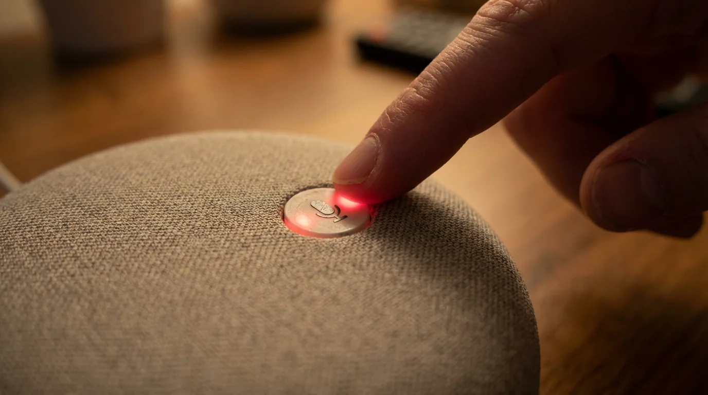 A finger pressing the privacy button on a smart speaker, which is glowing red.