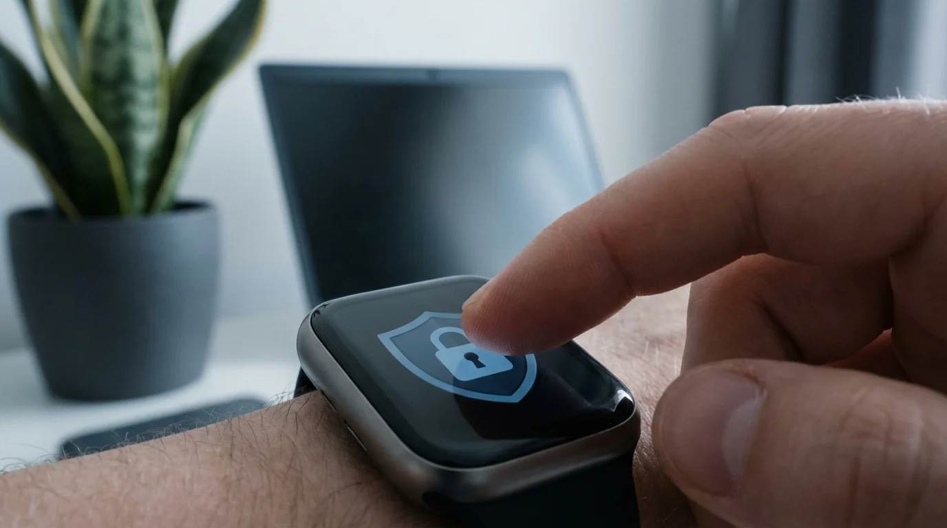 A finger selecting privacy settings on a smartwatch screen.