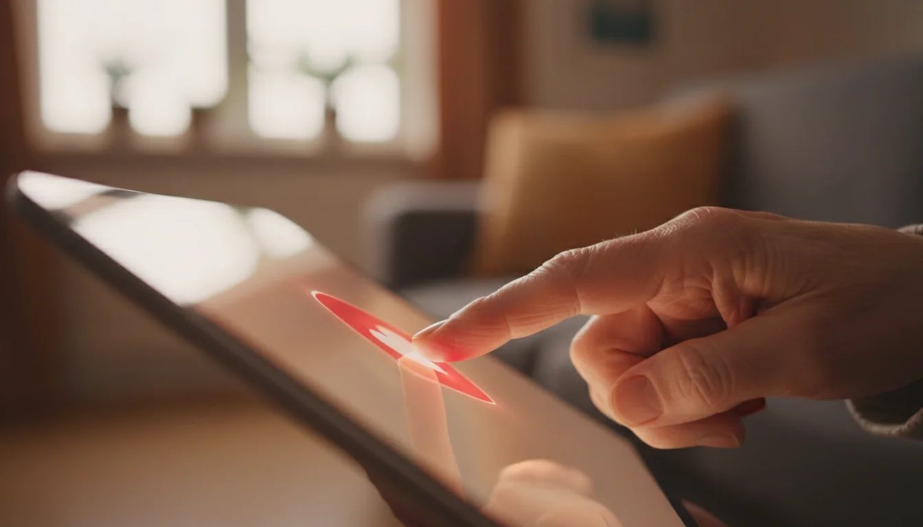 A finger tapping a heart icon on a tablet screen.