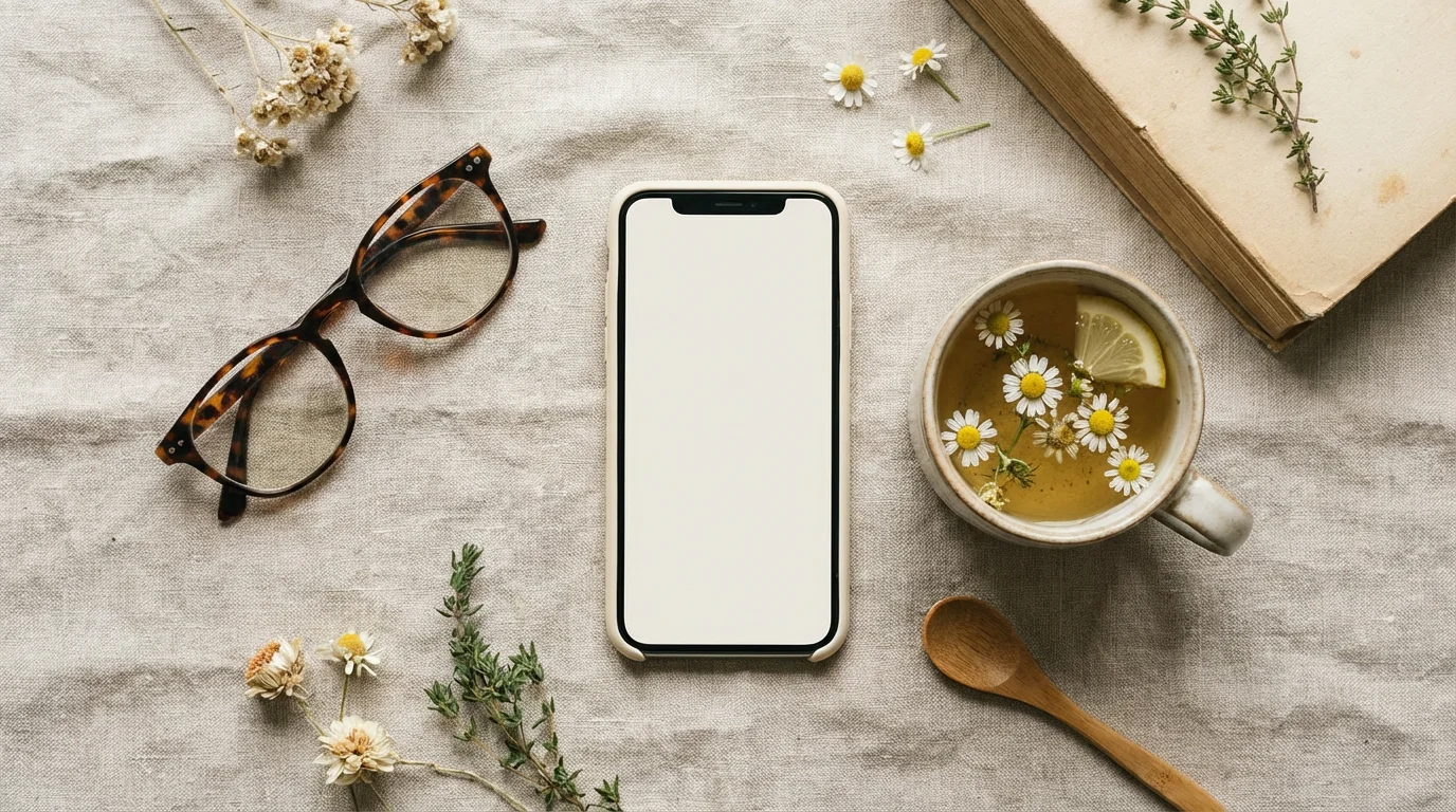 A flat lay of a smartphone, eyeglasses, and a cup of tea on a table.